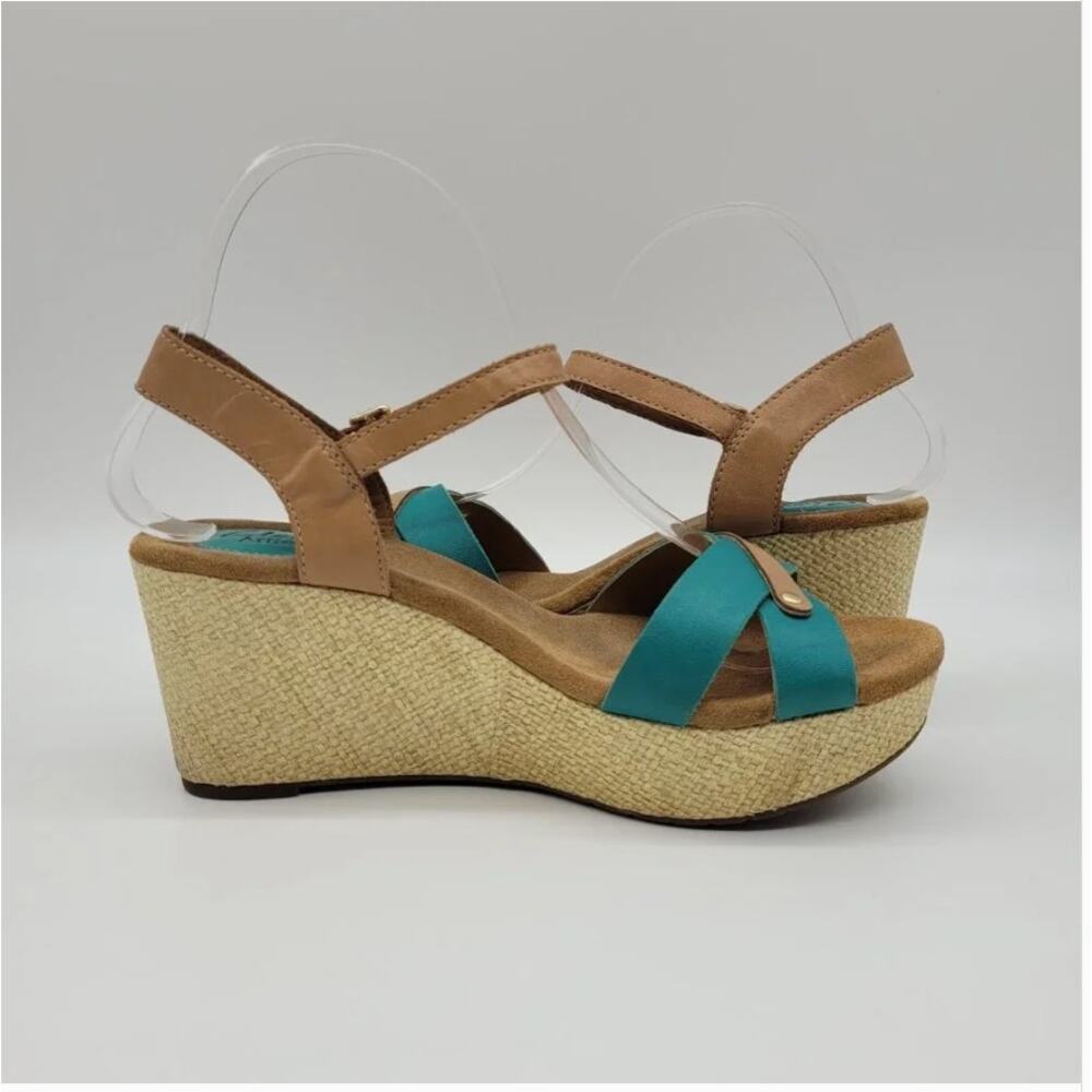 Clarks Teal and Tan Wedge Sandals - Picture 7 of 11